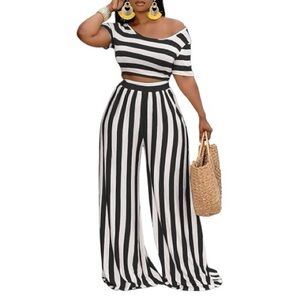 Striped Black and White Wide Leg Pants Set